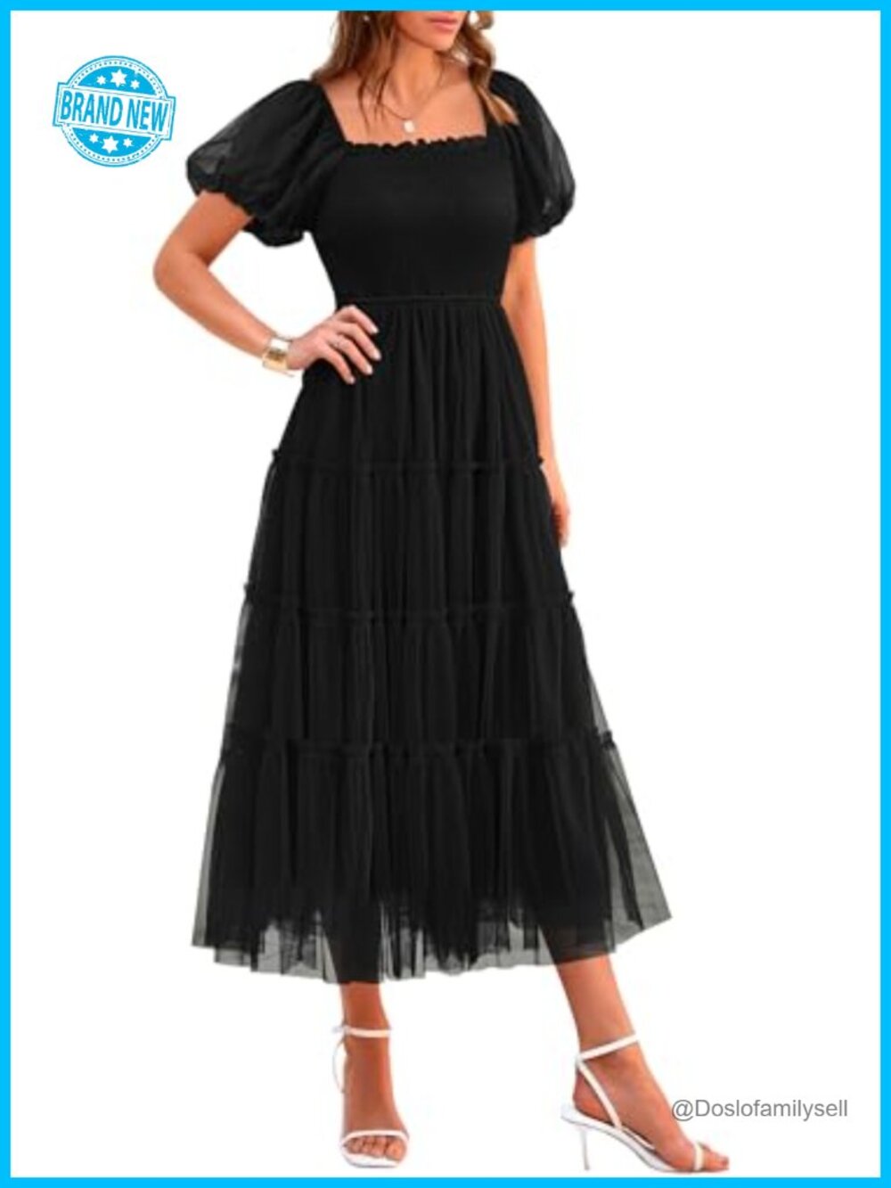 Tulle Smocked Midi Dress Puff Sleeve Square Neck Fit Flare